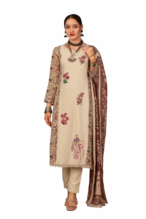 Women Embroidery Kurta Set-Off White (Size-M) | D343
