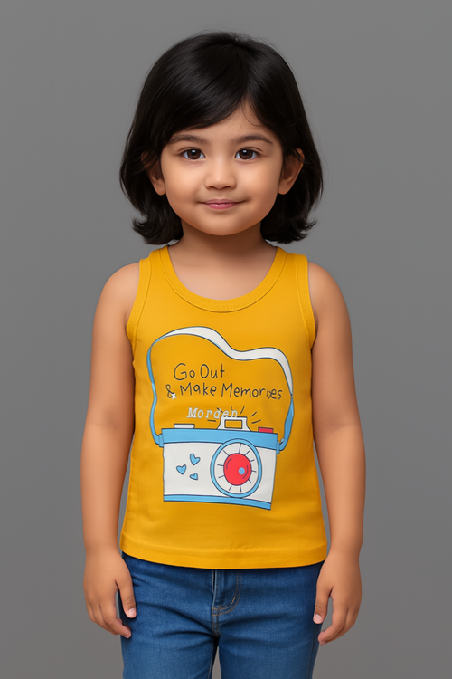Cotton Printed Sleeveless Tshirt for Girls-Yellow (Size-6-12 MONTH) |